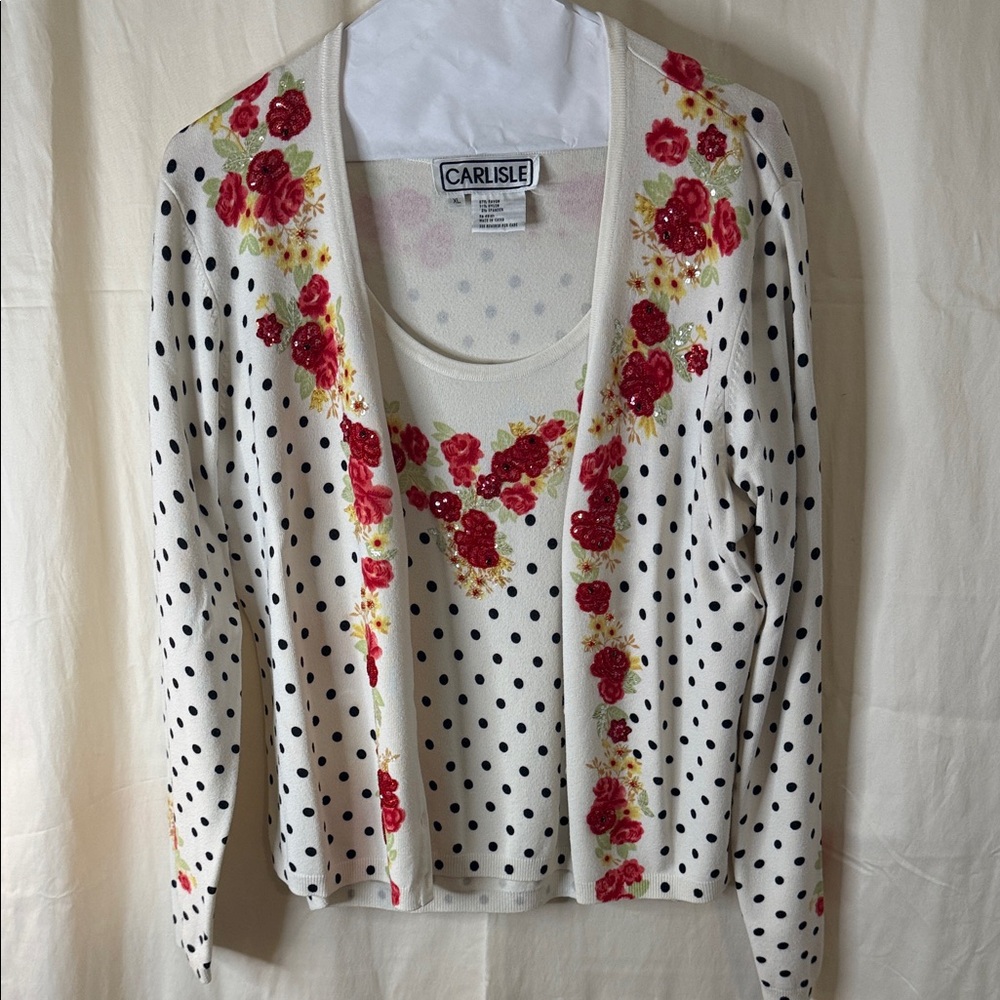 Carlisle white Polka Dot 2 piece set with Red Floral Embroidery and Sequins